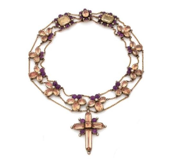 Antique golden topaz and amethyst flowerhead necklace with topaz cross pendant | MasterArt